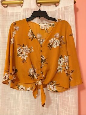 URBAN Romantics Mustard Floral Tie-Front Blouse